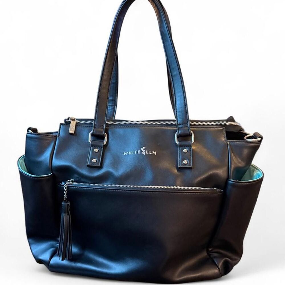 White Elm Gemini Convertible Backpack Tote Black Vegan Leather Aqua Lining